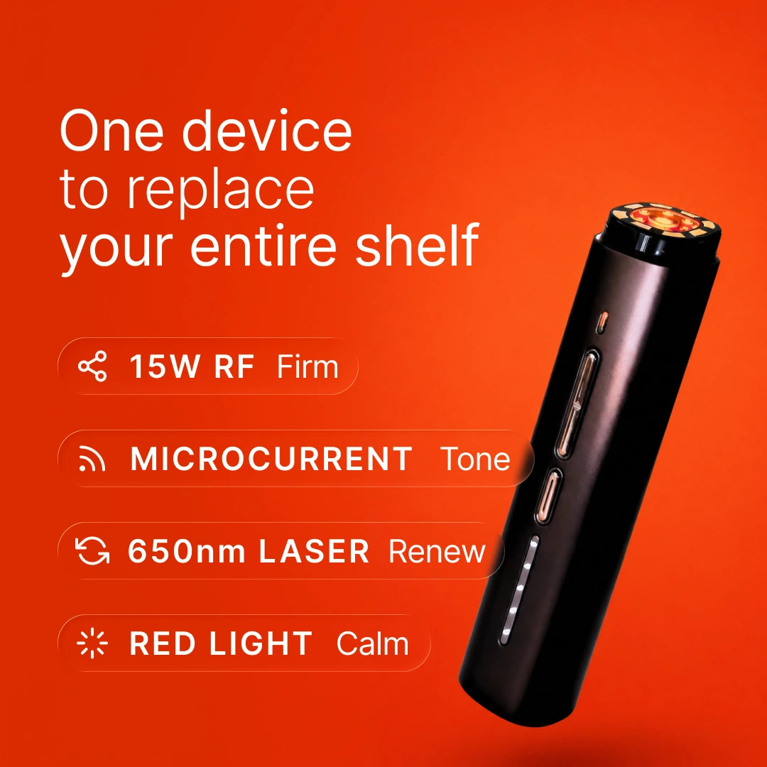 theBeam device showing its four energies: 15W RF, microcurrent, 650nm laser and red light